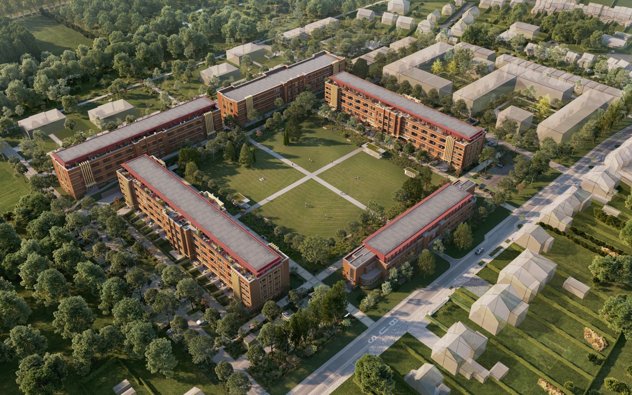 Render helicopterzicht op de project Ambiorixkazerne van C-Living in Tongeren